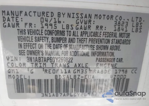 2016 Nissan Sentra S z USA, uszkodzony, nr VIN 3N1AB7AP6GY269822